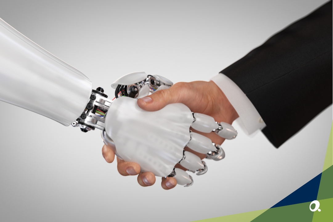 Human hand shaking a robot hand, symbolising AI-human partnership