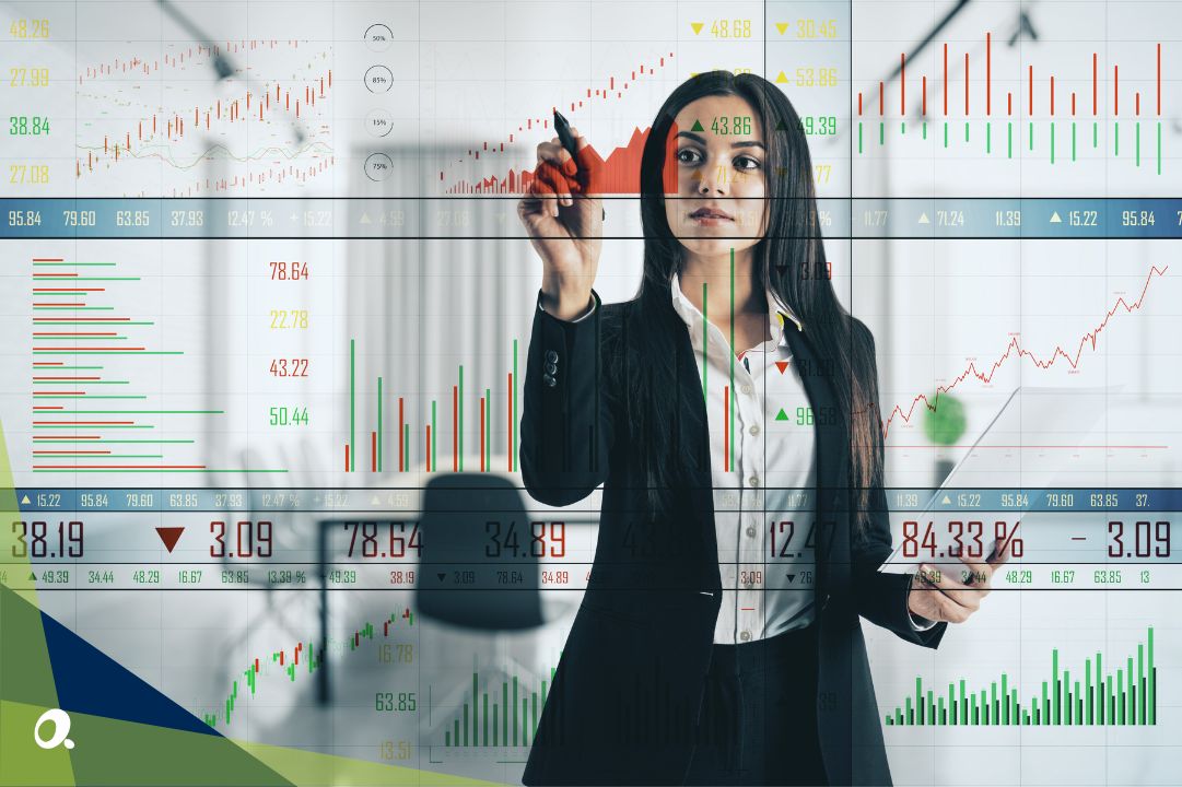 Dynamic financial reporting dashboard with charts and graphs displayed on a screen.