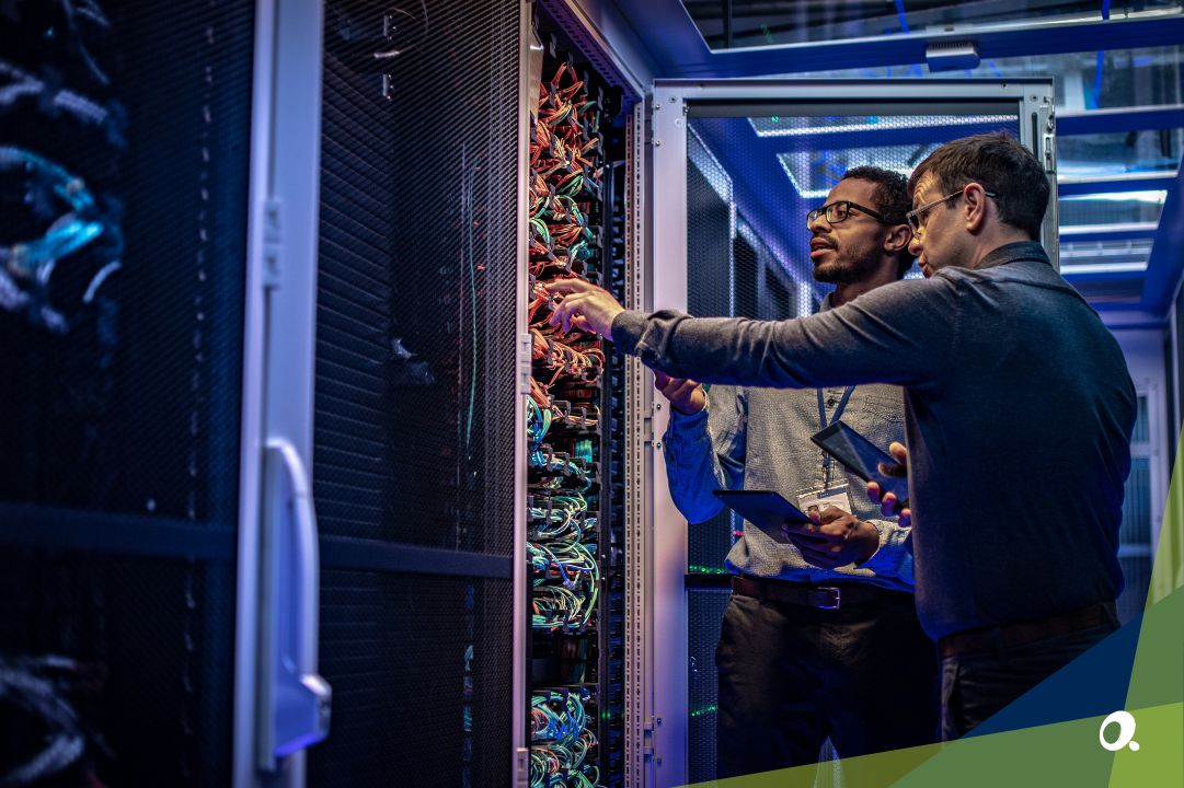 Workers maintaining servers in a server room