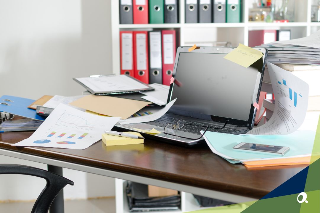 Disorganised desk of a finance professional