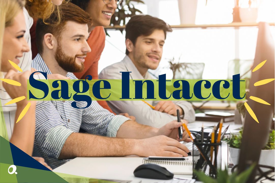 Sage Intacct logo in front of a group of professionals discussing finance strategy