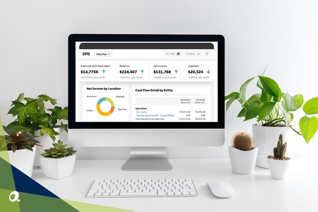 Illustration of Sage Intacct's dashboard displaying real-time financial data and analytics