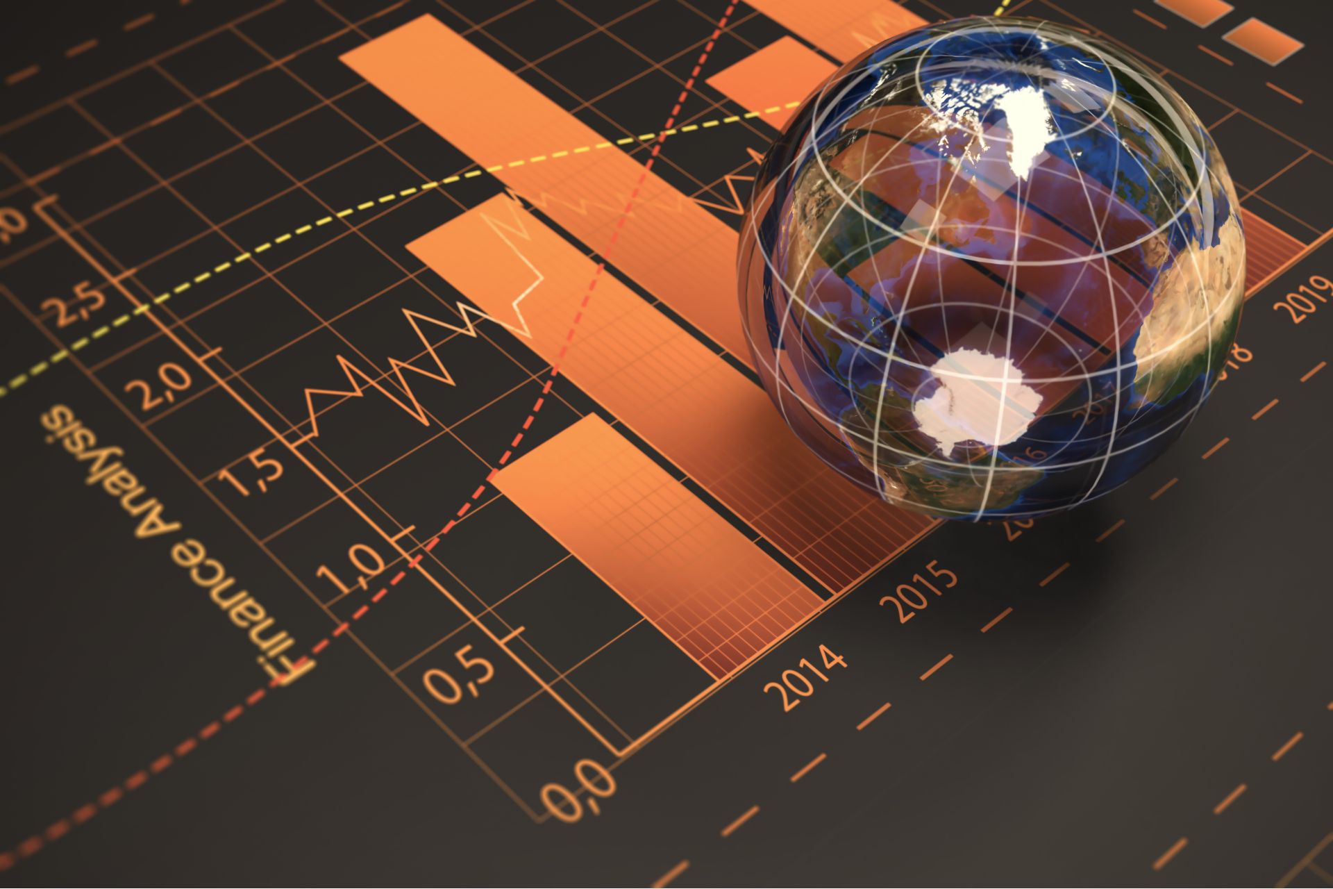 An animated image of a globe sitting on a financial report