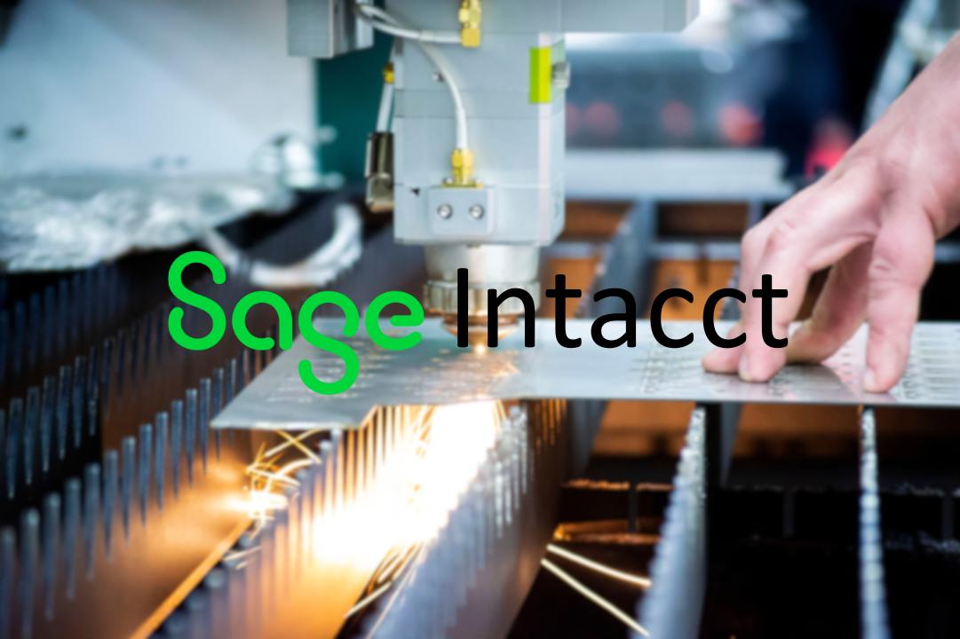 Sage Intacct logo superimposed on a background of a man doing metalwork