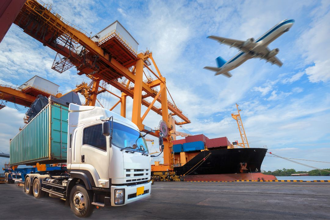 An image featuring a truck, a cargo ship and an airplane representing transport and logistics